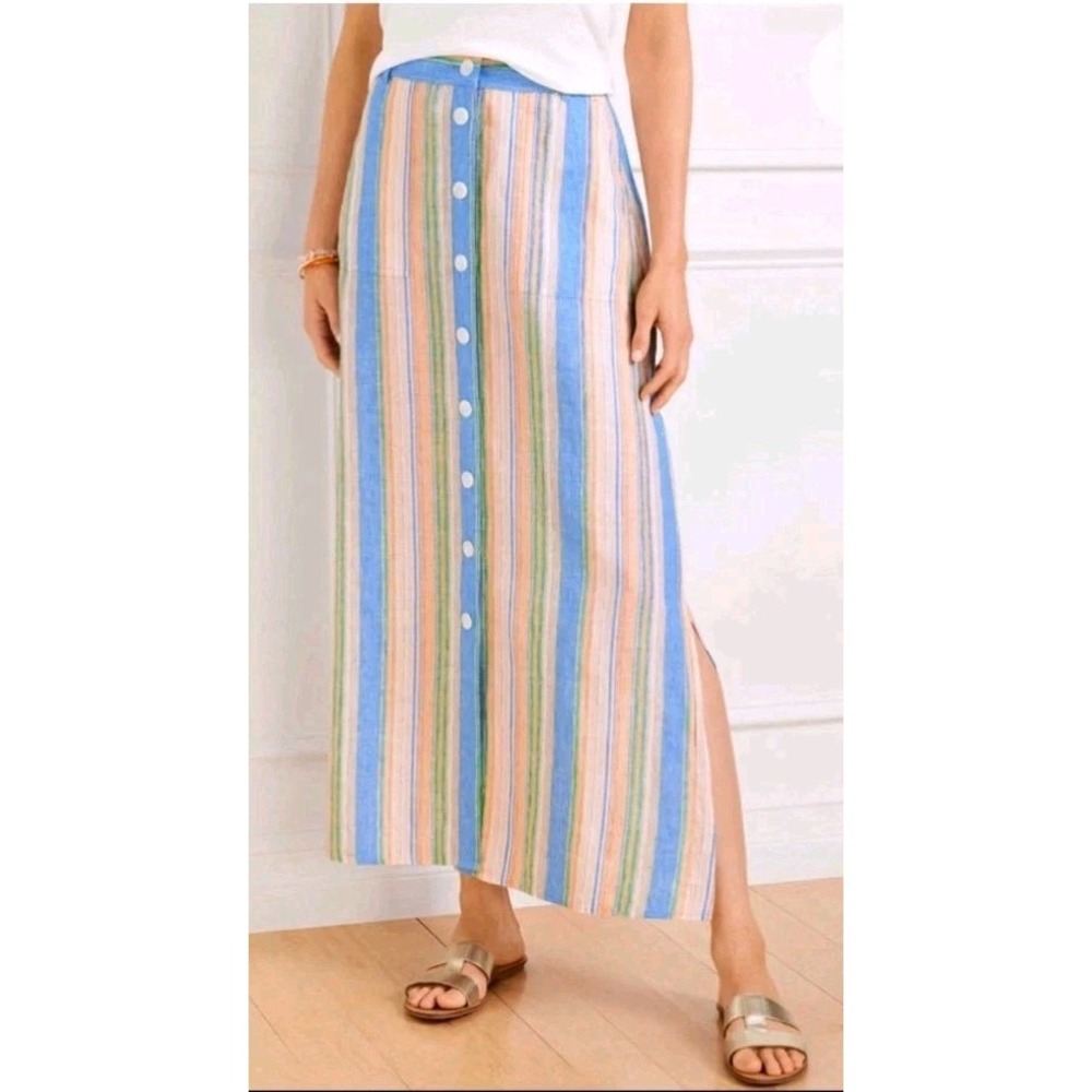 Talbots Women's Button Front Side Slits 100% Linen Skirt Sz 8 Multicolor